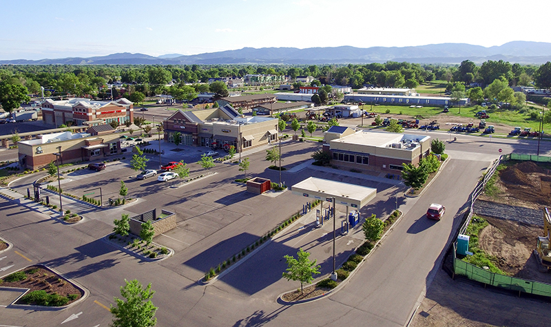 Example of multiple parking solutions at North College Marketplace in Colorado.