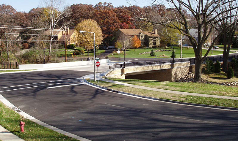 Intersection and bridge in small town.