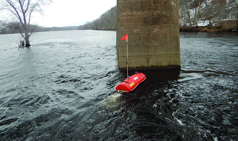 Example of unmanned surface vessel inspecting bridge component