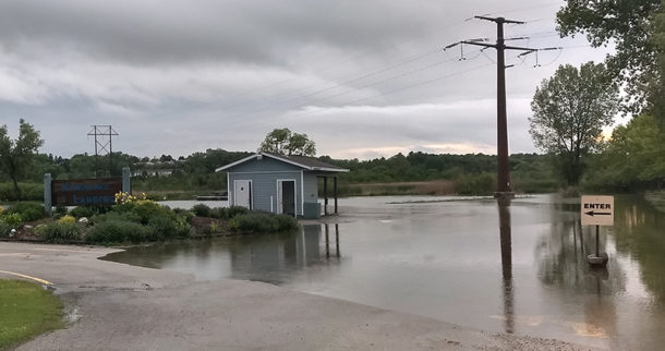 High Lake Michigan water affecting a boat landing near the mouth of the Kewaunee River in 2019.