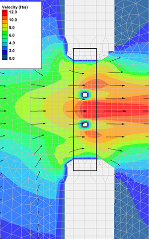 Example of 2D hydraulic modeling showing velocity through a bridge.