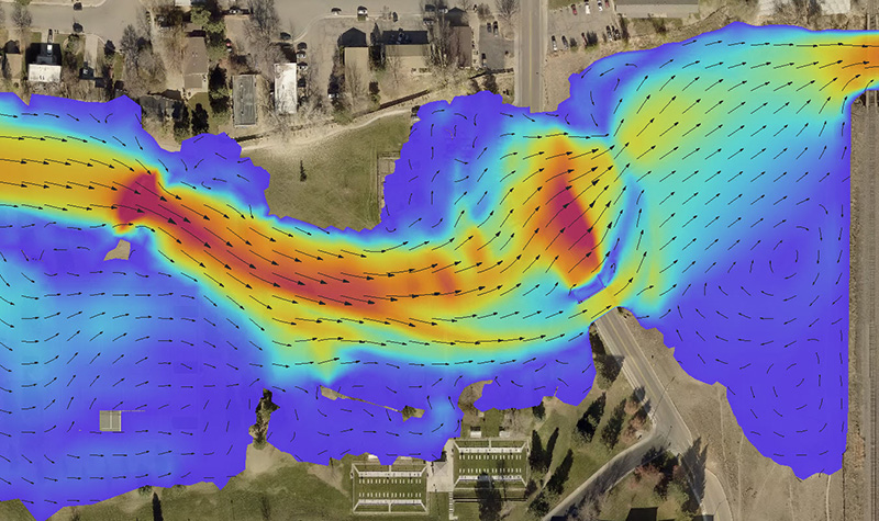 Example of 2D hydraulic modeling showing velocity with vectors.