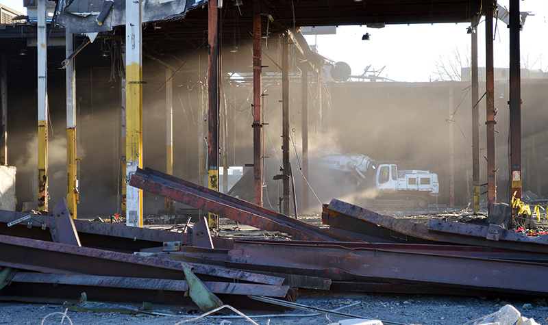 Building being demolished at the old Brillion Iron Works facility.