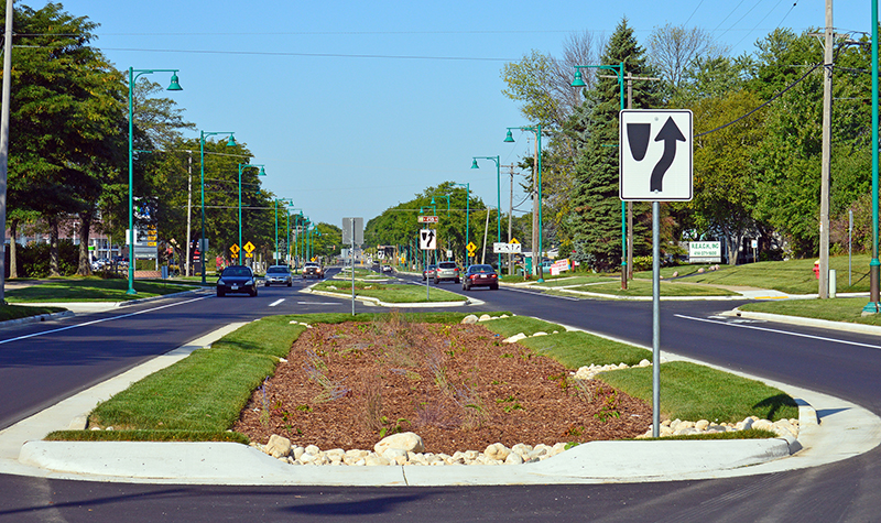 Example of stormwater treatment in the median of Bradley Road in Brown Deer, WI.