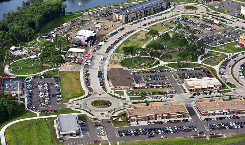 Example of multiple parking solutions at River Prairie Development in Wisconsin.