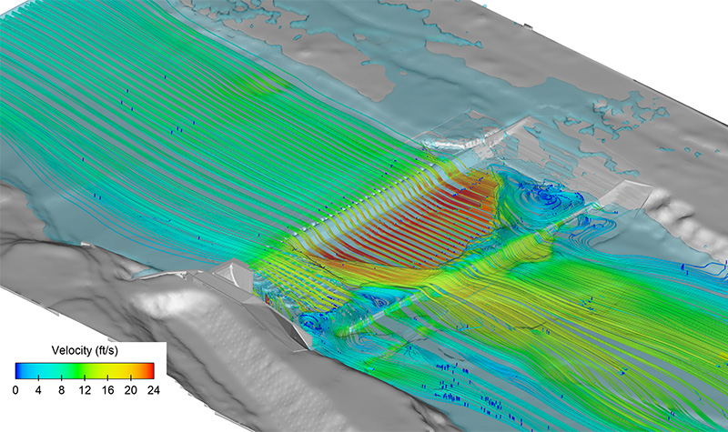 Existing conditions CFD model results showing velocity streamlines at 2-year event discharge. High velocities are areas of significant abrasion damage, low velocity areas have little or no abrasion damage.