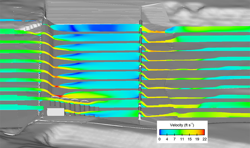 Preliminary design check to verify velocities under a raised tailwater condition at a 2-year event discharge. Velocity cross section slices shown.