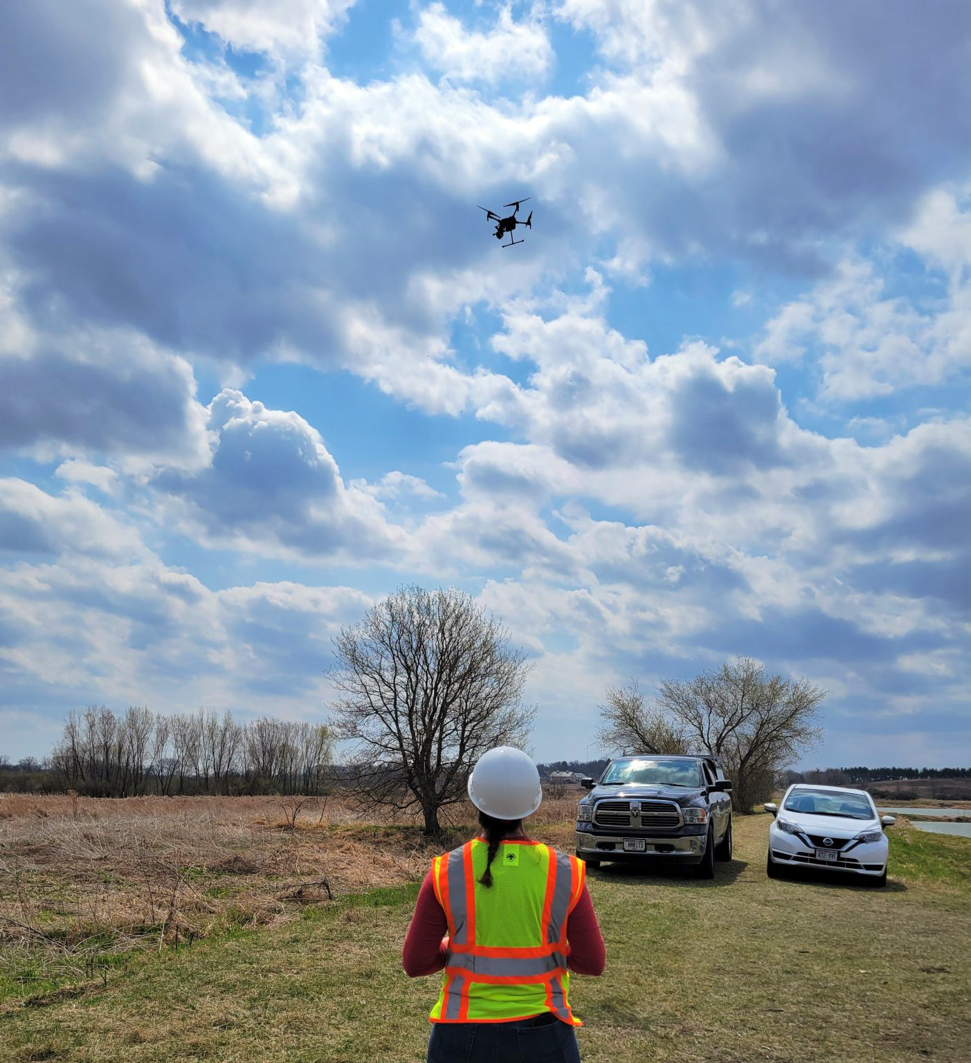 Ayres’ Geospatial Services Technician Cailey Bechtol flies the DJI Matrice 200 drone with thermal imaging attached to track a stream near a marsh and landfill to see if there was water seeping into the stream from the nearby area. 