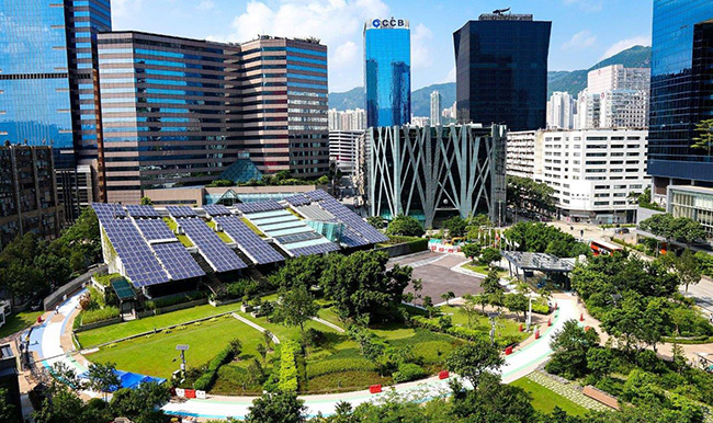 City Skyline and Building with Solar Panels